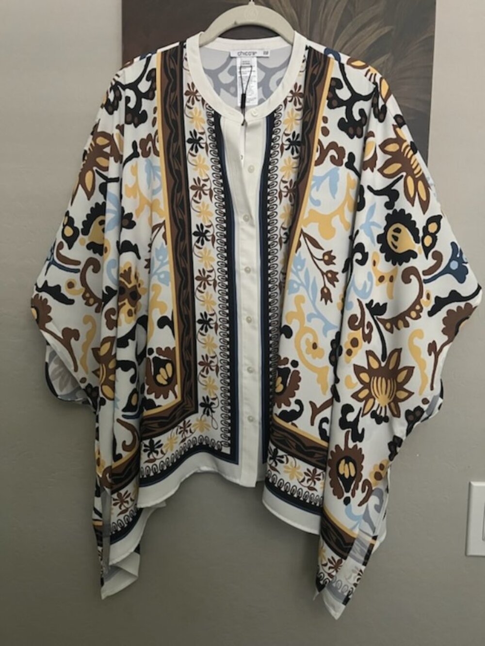 NEW with TAGS Chico's San Mia Scroll Ladies Front Button Poncho Shirt One Size
